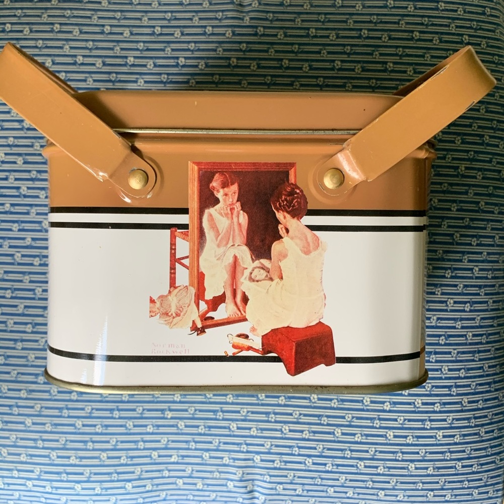 Vintage Cream and Black Norman Rockwell Basket Tin